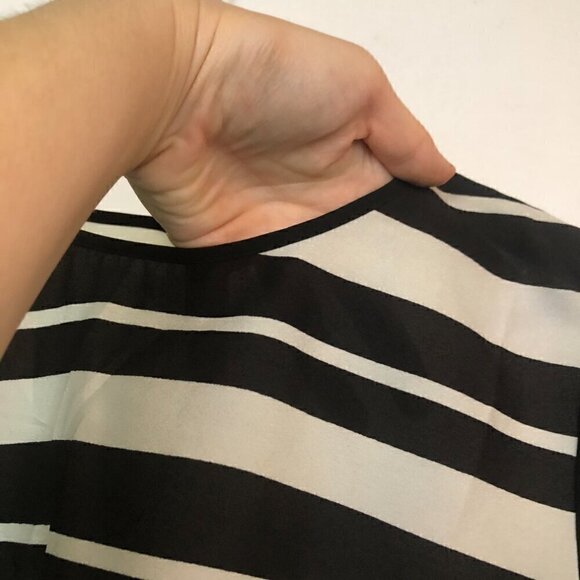 BAR III Black Cream Stripe 3/4 Sleeve High Low Hi-Lo Polyester Sheer Blouse Top - Picture 3 of 7